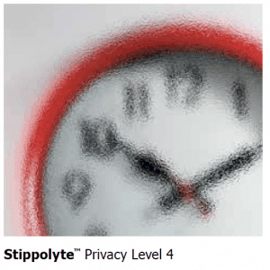 An image of a clock with 'privacy level 4' displayed on glass screen.
