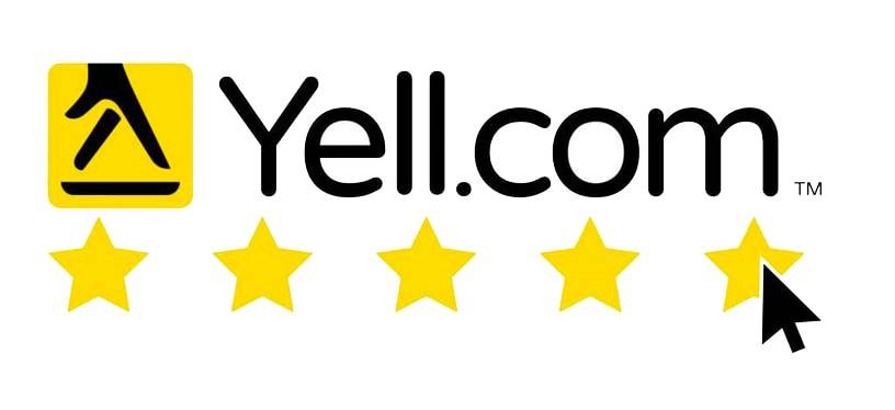 Yelp com logo with five stars in the Main Footer.