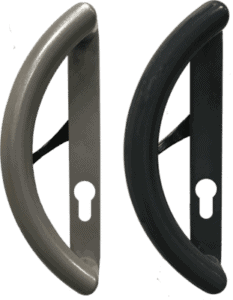 A pair of sliding aluminium door handles in black and grey.