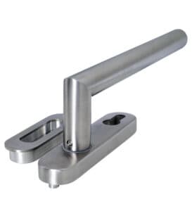 A stainless steel door handle on a white background, with timber sliding door handles.