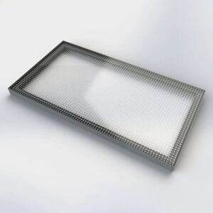 An image of a metal tray on a white surface.