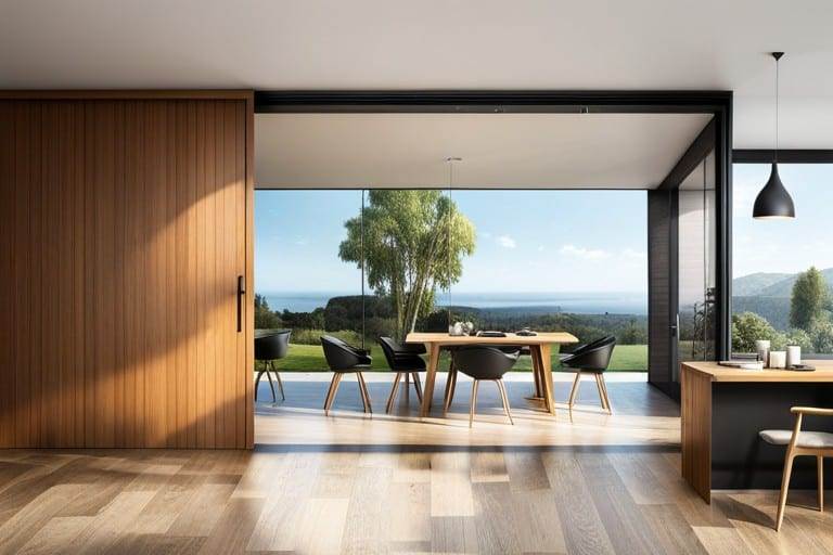 A kitchen and dining room with a view of the ocean.