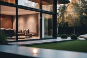 A modern living room with glass doors and a lawn.