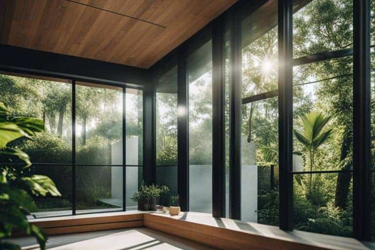 A room with large windows overlooking a forest.