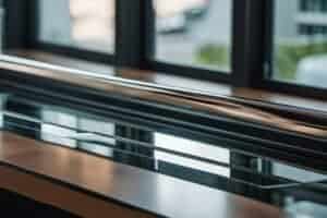 A table with a glass top in front of a window.