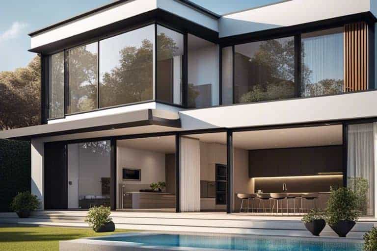 3d rendering of a modern house with a swimming pool.