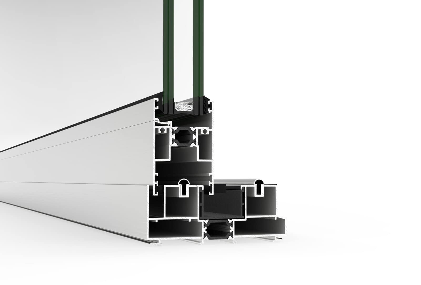 Cross-section of an aluminium window or door frame with insulated glass, showing internal chambers and sealing components against a white background.